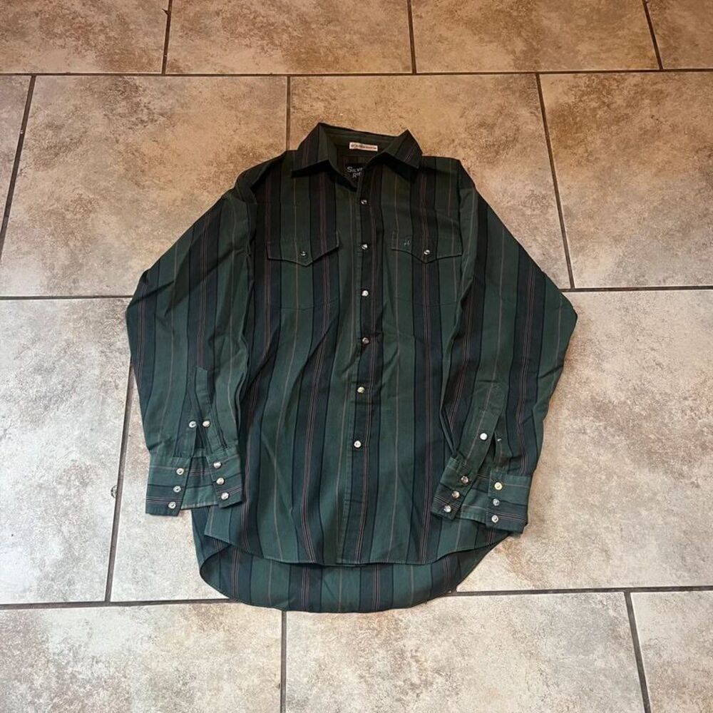 Vintage Silver Rider Western Pearl Snap Shirt Green Striped Cowboy Men 15 33